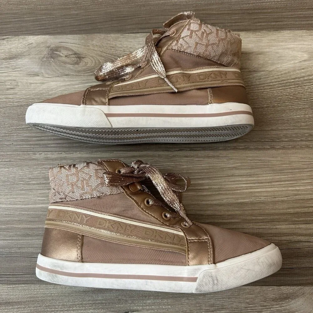 DKNY Girls Fashion Shoes Size 3.5 Gold Lace Up Side Zipper Mid Top Sneakers GUC
